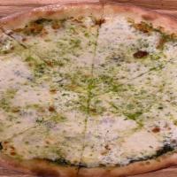 Four Cheese Pizza · with Pesto Sauce, Ricotta Cheese, Mozzarella Cheese, Parmesan cheese,
Fresh Mozzarella and D...