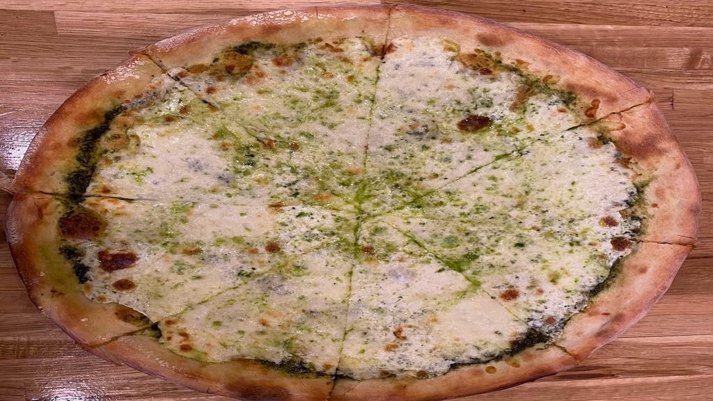 Four Cheese Pizza · with Pesto Sauce, Ricotta Cheese, Mozzarella Cheese, Parmesan cheese,
Fresh Mozzarella and Daily Fresh Dough. Choice of size.