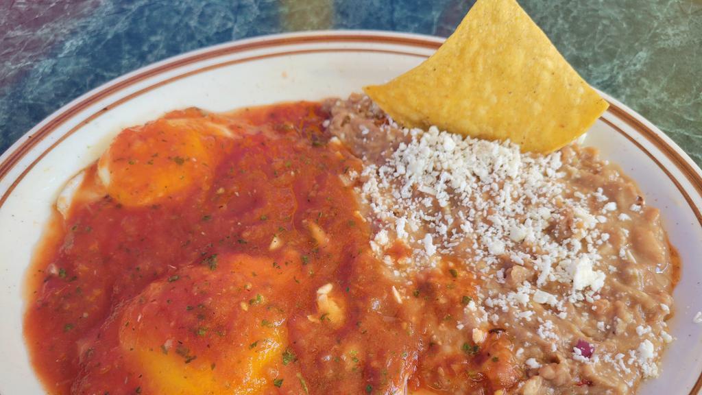 Huevos Rancheros · Eggs served sunny-side up, topped with salsa ranchera. Served with beans.