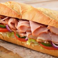 Ham & Cheese · Ham and American cheese, lettuce, tomatoes, mayo, onions, pickles, sweet peppers, and hot pe...
