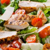 Grilled Chicken Salad · This delicious salad contains Grilled Chicken, Lettuce, Tomatoes, Green Peppers, Onions, Cuc...