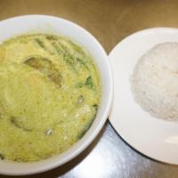Green Curry · Eggplant, bamboo, green bean, coconut milk, and fresh basil.