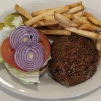 Black Bean Burger · On kaiser with lettuce, tomato and red onion