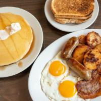 Belly Buster! · 2 pancakes, 2 sausage, 2 bacon, 2 eggs, home fries & toast