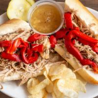 Italian Roasted Pork Sandwich · With roasted red peppers melted provolone on long roll