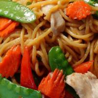 Lo Mein · Stir-fried lo mein noodles with carrot, onion, broccoli, bell pepper, zucchini, green bean, ...