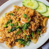 Bangkok Fried Rice · Fried rice with shrimp, scrambled egg, Chinese broccoli, onion, tomato in shrimp paste sauce.