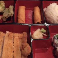 Agemono Bento Box Dinner · Served with miso soup, house salad, rice, maki of the day, appetizer, vegetable tempura and ...