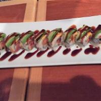 Walpole Maki · Spicy tuna, crab meat, tempura inside, topped with torched white tuna, avocado, flying fish ...