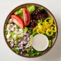 Greek Salad · romaine, grape tomatoes, banana peppers, kalamata olives, red onion, feta, greek dressing