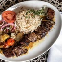 Lamb Kabob · Certified halal meat. Marinated grilled American lamb, roasted vegetables, Lebanese rice pil...