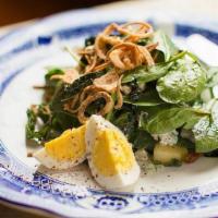 Spinach Bacon Blue Salad · Baby spinach with bacon, blue cheese, apple, and hard-boiled egg with sweet balsamic onions ...