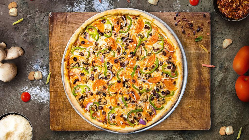 Veggie Superior Pizza · Fresh spinach, broccoli, green peppers, onion, black olives, mushroom, tomatoes and house pizza cheese baked on a hand-tossed dough.