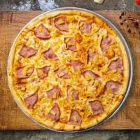 Hawaii Haven Pizza · Pineapple, Canadian bacon, ham and house pizza cheese baked on a hand-tossed dough.