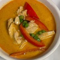 Panang Curry (Gf) · Panang curry paste, coconut milk with red bell peppers and peas.