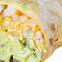 California Burrito · choice of protein, guacamole, chipotle mayo, rice, black beans and potatoes wrapped in a flo...