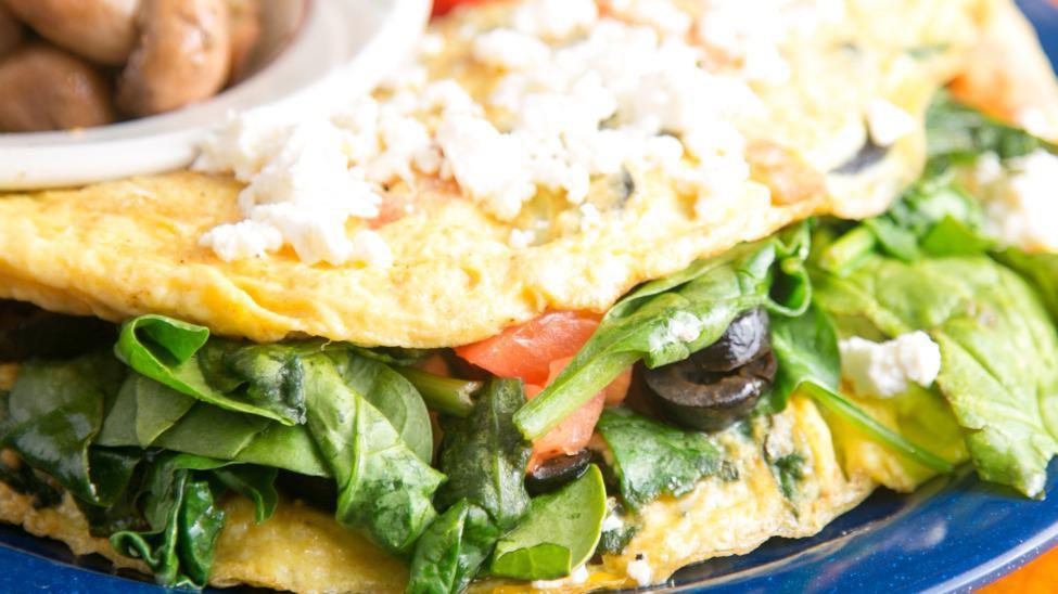 Greek Omelet · Spinach, tomato, Feta cheese, and black olives.
