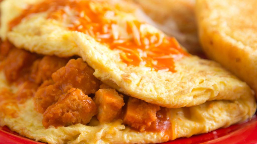 Buffalo Chicken Omelet · Stuffed with spicy buffalo chicken, Cheddar Jack cheese.