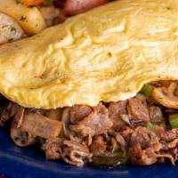 Steak Bomb Omelet · Shaved steak, peppers, onions, mushrooms and American cheese