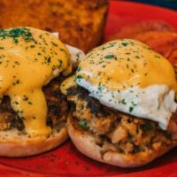 Fish Cake Benedict (Full) · Two of our own fish cakes with hollandaise. Our fish cakes are never deep fat fried.