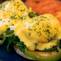 Eggs Florentine (Full) · With spinach, topped with sweet Italian peppers, Hollandaise.