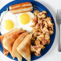 Sausage & Eggs · Two eggs with three sausages.