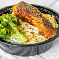 Salmon · Served With Fettuccine Noodles,  Broccoli & Choose Of Protein