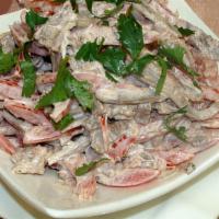 Blabber Mouth / Салат Из Языка · Beef tongue, fresh tomatoes and parsley mixed in with mayonnaise and fresh crushed garlic.