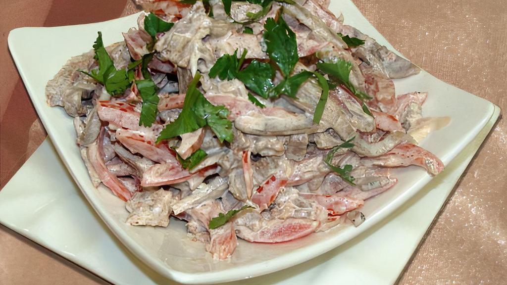 Blabber Mouth / Салат Из Языка · Beef tongue, fresh tomatoes and parsley mixed in with mayonnaise and fresh crushed garlic.