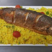 Baked Branzino / Запечоное Бранзини · (Also Known as Mediterranean Sea Bass) Baked -Served with stuffed mixed vegetables and with ...