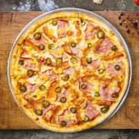 Spiced Up Hawaii Pizza  · Fresh pineapples, ham, mozzarella, and spicy jalapenos baked on a hand-tossed dough