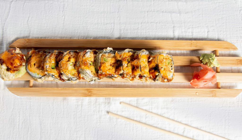 Autumn Roll · Hot and spicy. Spicy crab, asparagus, cream cheese, avocado deep fried with spicy mayo and eel sauce.