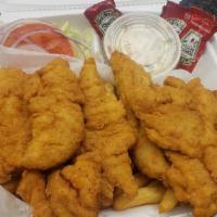 Finger Platter (6) · Served with french fries coleslaw salad and garlic bread.