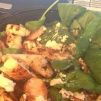 Spinach Salad With Grilled Chicken · Fresh baby spinach topped with grilled chicken, sautéed onions, mushrooms, fresh tomatoes an...