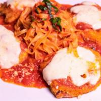 Pollo Parmesan  · chicken cutlets  dredged in Italian bread crumbs topped with fresh mozzarella, pecorino chee...