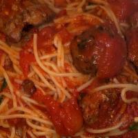 Spaghettini Sausage · imported thin spaghettini with sweet Italian sausage fresh plum tomato sauce