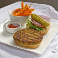 The L Veggie Burger · Ground vegetable patty, lettuce, tomato, onion, herb aioli