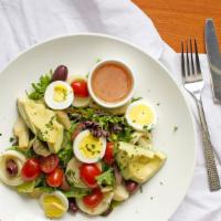 Tropic Salad · Mixed greens, avocado, hearts of palm, tomatoes, artichoke, hardboiled egg, kalamata olives,...