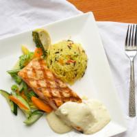 Salmon · Broiled salmon filet, lemon, wild rice, steamed vegetables