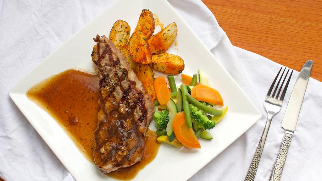 The New Yorker · Grilled NY strip steak, roasted potatoes, steamed vegetables