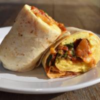 La Bonita Burrito · flour tortilla, cheddar, eggs, pepper, onion, spinach and salsa roja