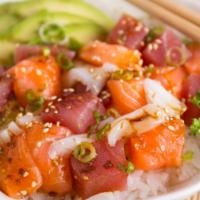 Sashimi Poke · Served raw. Tuna, salmon, white fish and avocado, served with our house special poke dressin...