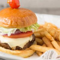 Panache Burger (Custom Grind) · Served with beefsteak tomato, shredded lettuce, pickle, chili mayo and choice of American or...