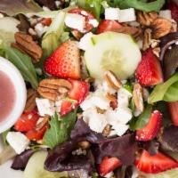 Strawberry Pecan · Mixed greens, feta cheese, pecans, strawberries, tomatoes, cucumbers, raspberry vinaigrette.