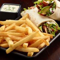 Chicken Caesar Wrap · Served in a whole wheat wrap and french fries.