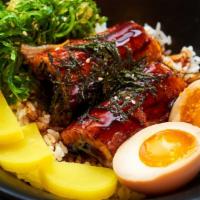  Eel Donburi · Served with seaweed salad, soft-boiled egg, Japanese pickle