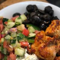Shepherd Salad W/ Chicken · Tomato and cucumber salad, lettuces topped with feta cheese, black olives, grilled chicken k...