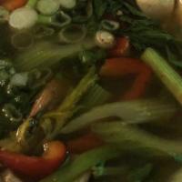 Vegetarian Tofu Soup · Clear noodle soup with mixed vegetables and tofu.