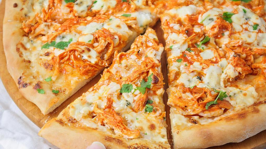 Buffalo Chicken Pizza (Small) · Hand-Tossed. Hot buffalo sauce loaded with grilled marinated chicken breast and topped with an extra amount of our special blend of 100% fresh natural cheeses, served with ranch or blue cheese dressing.