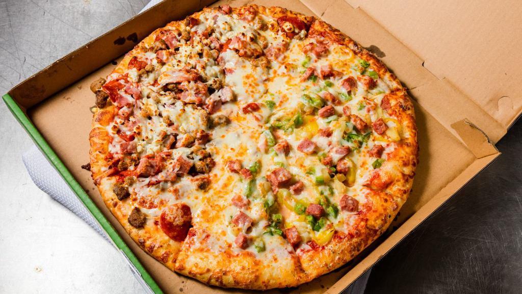 The Meal Buster · Pizza sauce topped with pepperoni, Italian sausage, mushrooms, green peppers, onions, black olives and an extra amount of our special blend of cheeses. 203-488 cal.
